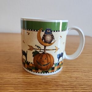 Sakura Cream and Green Halloween Mug with Owl and Pumpkin